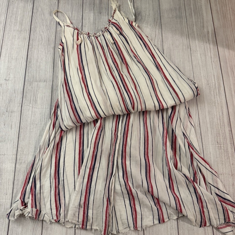 Free People Boho Maxi Dress Women's Small Red Blue Striped Beaded Tassel
